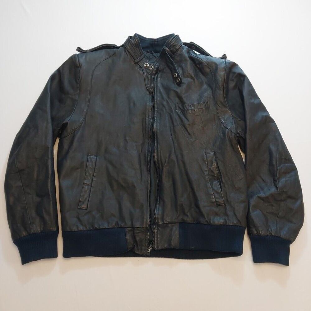 80S Raf Leather Jacket Size Medium‎ Black Bomber Full Zip Nylon Lined